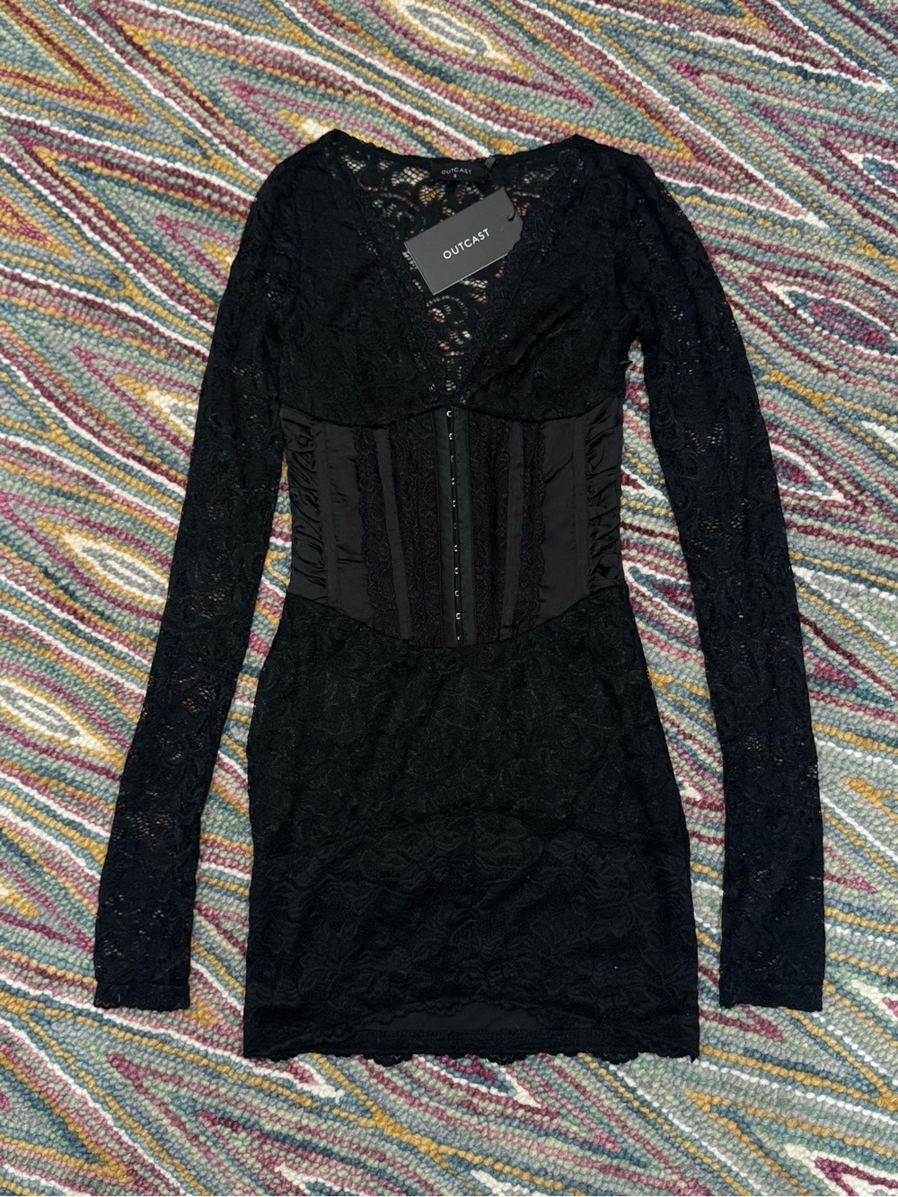 ▪️♟️Outcast Anita Mini Dress Corset Black Lace Long Sleeve Bodycon ♟️▪️ - Picture 3 of 15